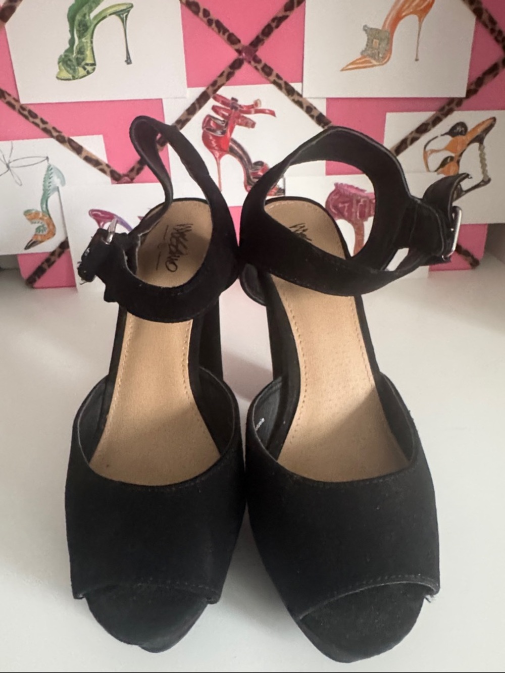 Wet Seal Black Suede Peep-Toe Ankle Strap Heels
